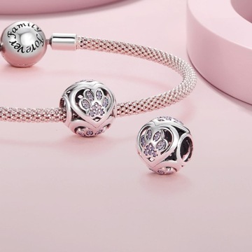 G798 Kula z łapek i serc opalizujące kryształy srebrny charms koralik beads