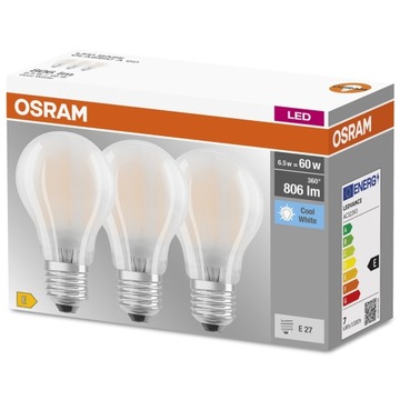 3 светодиодные лампы E27 6,5 Вт = 60 Вт 4000K НИТЬ OSRAM