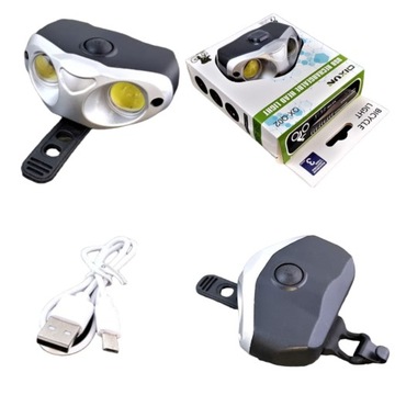 AKUMULATOROWA LAMPKA ROWEROWA PRZEDNIA 2xCOB NA KIEROWNICE USB MTB SZOSOWY