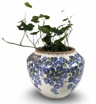 DONICZKA CERAMICZNA ECRU ZDOBIONA 22x27 KWIAT WISTERII OSŁONKA NIEBIESKA