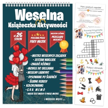 KREATYWNA KSIĄŻĘCZKA ZADAŃ NA ŚLUBNE + KOLOROWANKI - 26 STRON + NAKLEJKI