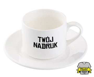 filiżanka z talerzykiem z nadrukiem, logo, zdjęcie