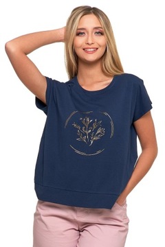 Bluzka Damska Oversize T-Shirt na Krótki Rękaw Nadruk Złote Kwiaty MORAJ L