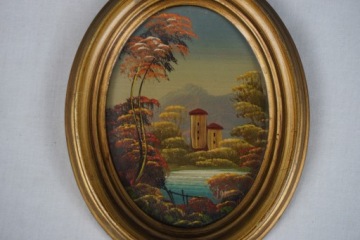 Старинная картина пейзажа, листовой металл, масло, овальная рама №1.