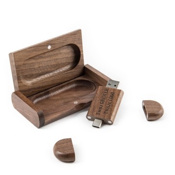 Pendrive drewno ORZECH 64 GB 3.0 + 3.1 USB-C TYP C + BOX + TWÓJ GRAWER LOGO
