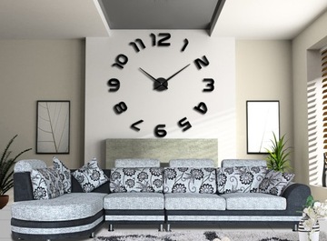 ZEGAR ŚCIENNY DIY DUŻY CICHY NAKLEJANY NA ŚCIANĘ 3D CZARNY LUSTRZANY 65-120