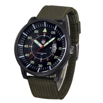 Nowy, wojskowy zegarek XINEW luminous, parciany pasek + datownik