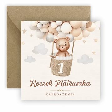 ZAPROSZENIA NA ROCZEK + IMIĘ + KOPERTA MIŚ BOHO