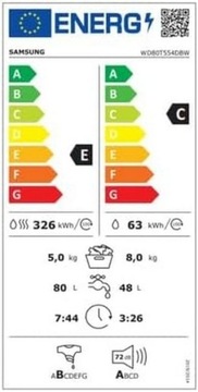 Стиральная машина SAMSUNG WD80T554DBW 8кг/5кг 1400 об/мин Ecobubble AddWash