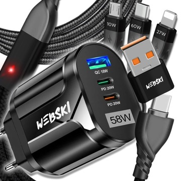 SZYBKA ŁADOWARKA SIECIOWA USB/USB-C QC 3.0 58W+KABEL 6w1 Lightning C Micro