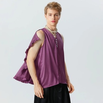 2024 Men Irregular Tank Tops Ruffle V Neck Sleevel