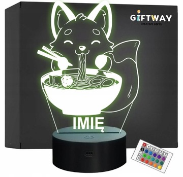 Lampka Nocna LED Imię Słodki Lis Jedzący Ramen Anime na Prezent Grawer v.1