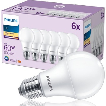 PHILIPS ZESTAW 6x Żarówka LED E27 8W = 60W 2700K CIEPŁA BIAŁA 806lm A60