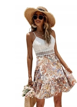 SUKIENKA MINI WZORZYSTA BOHO HAFT KORONKA NA RAMIĄCZKACH SHEIN 38