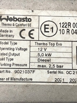 WEBASTO ПАРКОВОЧНЫЙ ОБОГРЕВ THERMO TOP EVO 9021037F