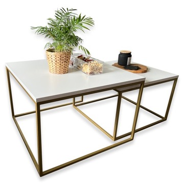 ZŁOTY ZESTAW STOLIKÓW KAWOWYCH 65x65+55x55 GLAMOUR BIAŁY BLAT