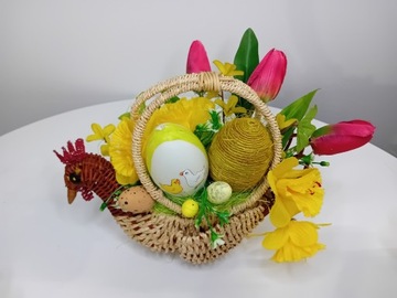 STROIK WIELKANOCNY GLAMOUR DEKORACJA KOMPOZYCJA KOSZYCZEK KURA WIKLINOWA