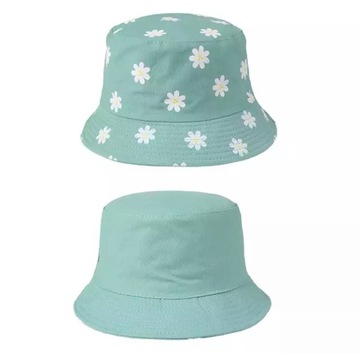Czapka bucket hat kapelusz rybacki dwustronny zielony w stokrotki kwiatki