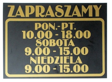 TABLICZKA czarna GODZINY OTWARCIA pon-niedz. złote