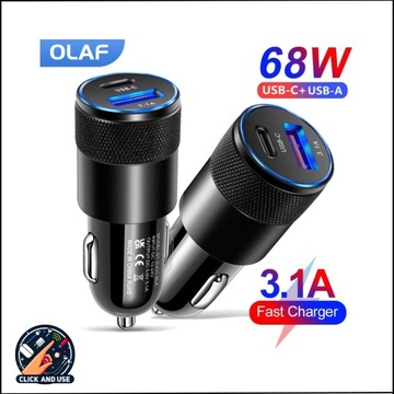 БЫСТРОЕ МОЩНОЕ автомобильное зарядное устройство Olaf USB USB-C TYPE-C QC 3.0 PD 68 Вт PD