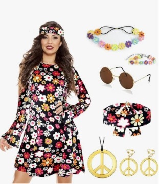 Kostium hippie lata 60 70 zestaw 8el sukienka retro podróż w czasie prezent