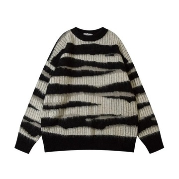 Men Striped Plush Sweater Loose Casual Harajuku Pu