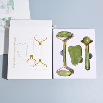 3w1 Masażer do twarzy KAMIEŃ GUA SHA z jadeitu zestaw roller wałek masażu