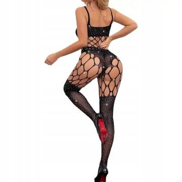 SEKSOWNY KOMPLET BODYSTOCKING BODY POŃCZOCHY KABARETKI 2w1 Z CYRKONIAMI
