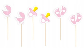 Topper Toppery Na Babeczki Roczek Baby Shower Różowe Dziewczynka 6 szt