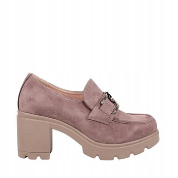 DAMSKIE MOKASYNY NA SŁUPKU PÓŁBUTY NA OBCASIE Z ŁAŃCUCHEM KHAKI BEŻ