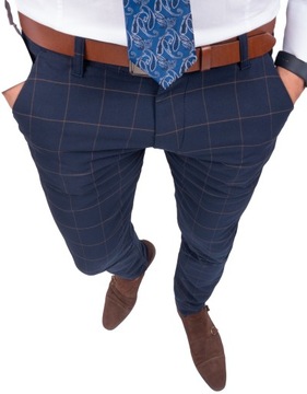 Spodnie męskie eleganckie granatowe w kratę - 34
