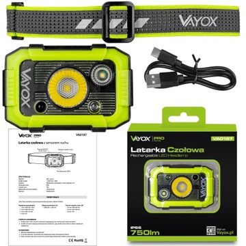 LATARKA CZOŁOWA LED AKUMULATOROWA CZOŁÓWKA ODPORNA USB-C 750lm PRO VAYOX