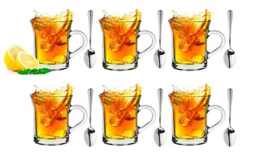 6x KUBEK SZKLANY SZKLANKA Z UCHEM 280ml + ŁYŻECZKI