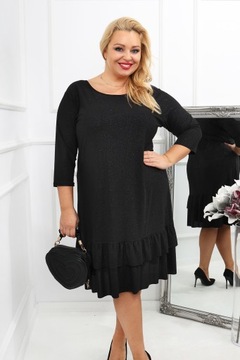 Czarna Sukienka Koktajlowa Plus Size z falbanką r. 46/48