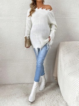SHEIN MATERNITY SWETER DAMSKI Z FRĘDZLAMI KOLOR ECRU S 324
