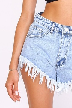 W734 NIEBIESKIE SZORTY JEANS FRĘDZLE spodenki damskie hotpants stan 34 XS