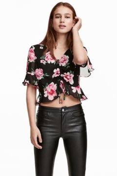 H&M baskinka falbanki wiązana bluzka kwiaty tiulowa róże coquette