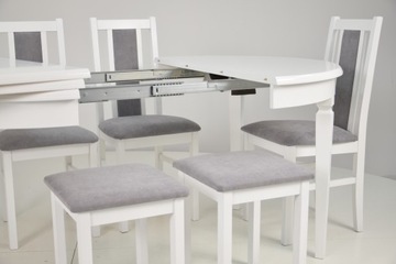 Белый стол 110/210, 4 стула, 2 табурета и табуретки.