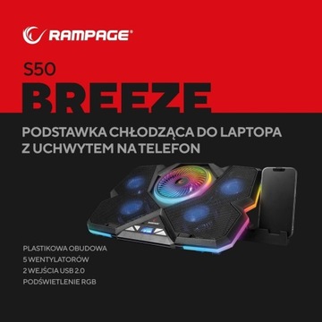Охлаждающая подставка для ноутбука Rampage BREZZE 5 Fan RGB с ЖК-дисплеем