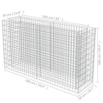 Габион приподнятый, оцинкованная сталь, 180x50x100 см.