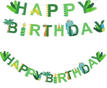 Baner urodzinowy DINOZAURY napis HAPPY BIRTHDAY 1-99 flagi PARTY DINO DUŻY