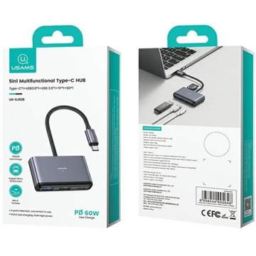 Адаптер USAMS HUB 5in1 USB 2.0/USB 3.0/ USB-C/TF/SD серый/