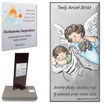 SREBRNY OBRAZEK TWÓJ ANIOŁ STRÓŻ MODLITWA CHRZEST