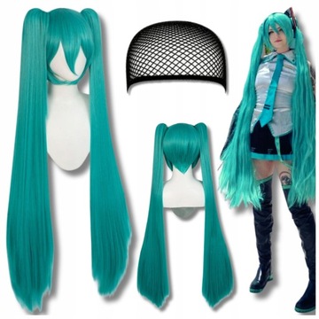 PERUKA COSPLAY Hatsune Miku 110CM WŁOSY DŁUGIE PROSTE Z SIATKA NA WŁOSY