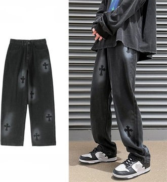 Moda męska Streetwear Casual workowate dżinsy Hip Hop proste spodnie Cargo