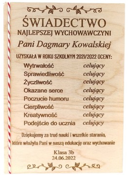 Świadectwo Prezent dla wychowawcy nauczyciela