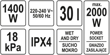 ПРОМЫШЛЕННАЯ МАСТЕРСКАЯ ПЫЛЕСОС YATO 1400ВТ 30Л