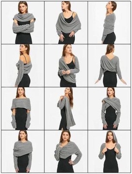 CIEPŁY SWETER DAMSKI GRUBY SZAL Z RĘKAWAMI PONCHO MODNY SZALIK KOLORY