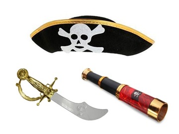ZESTAW PIRATA CZAPKA SZABLA LUNETA KORSARZ 3el