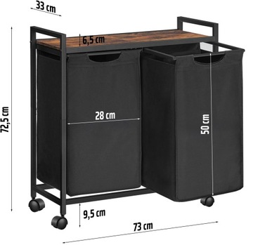 KOSZ NA PRANIE Z PÓŁKĄ I KÓŁKAMI 2 KOMORY DO SEGREGACJI 85L REGAŁ LOFT